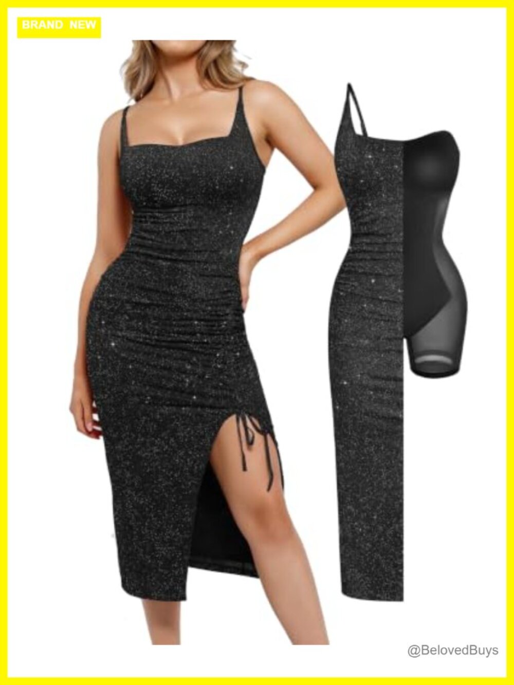 Sparkly Shapewear Cocktail Midi Dress Built-in Bra Square Neck Ruched
